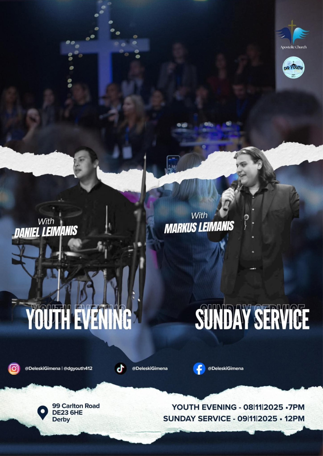 Event poster for a youth evening and Sunday service