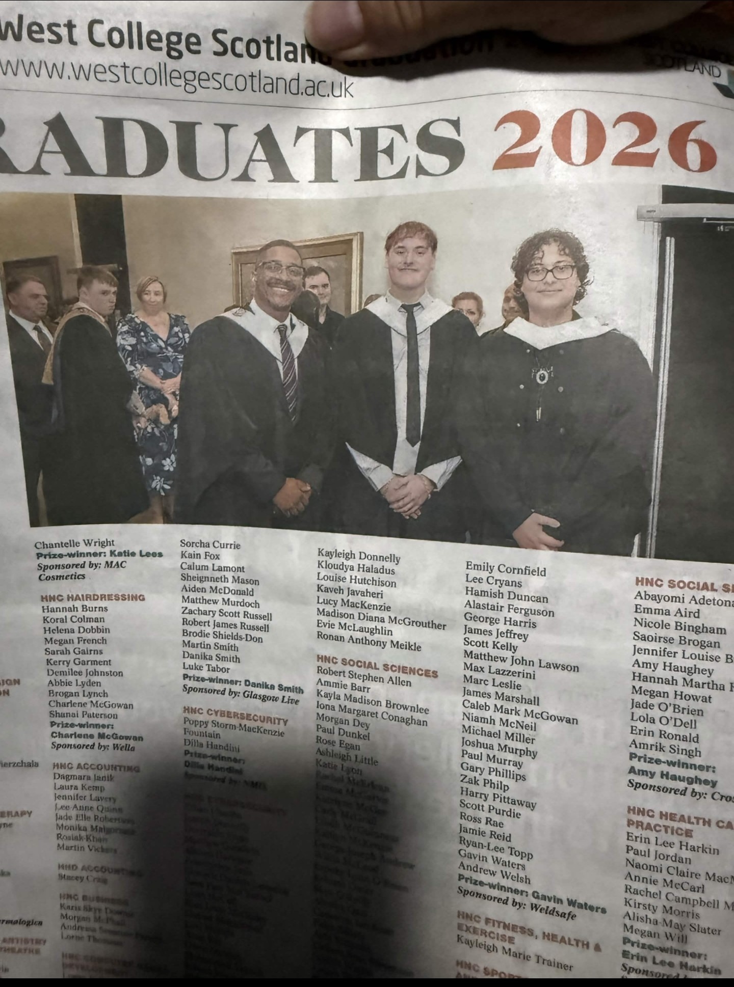 Newspaper page headlined Graduates 2026 with Samuels' graduation photo